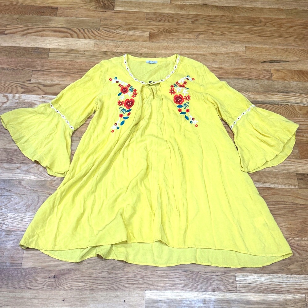 Jodifl Yellow Floral Embroidered Bell Sleeve Boho Tunic Top Large
